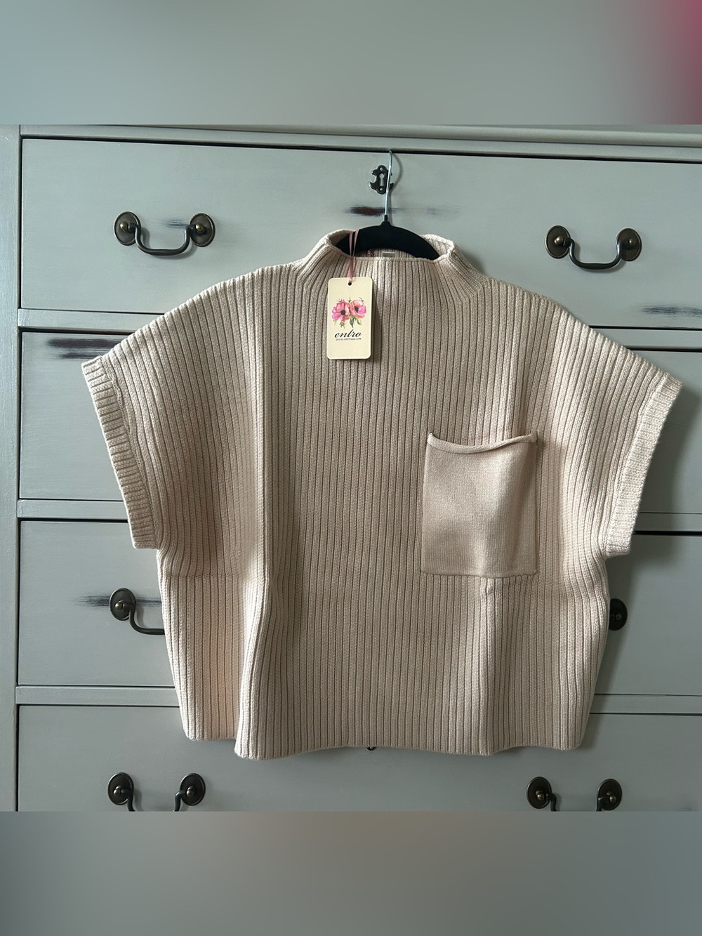 ENTRO Tan Ribbed Knit Short-Sleeve Top